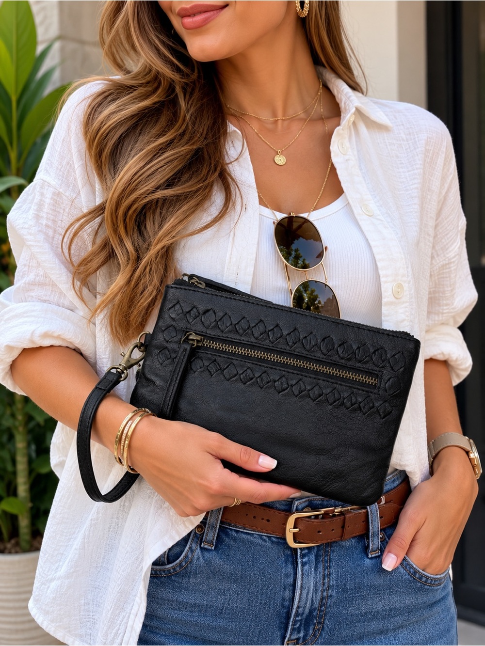 Day & Mood Sting Clutch Wristlet Black Leather Woven Zip Pouch Bag